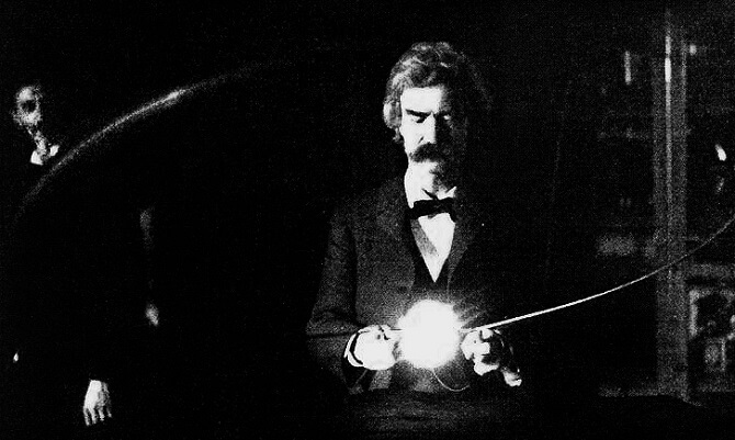 Mark Twain v laboratoři Nikoly Tesly v Colorado Springs
