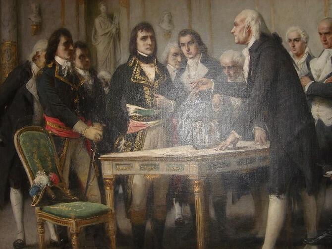 Alessandro Volta ukazuje baterii Napoleonovi na obraze Guiseppe Bertiniho z roku 1801