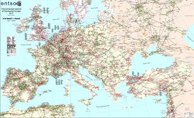 mapa propojené elektrické sítě kontinentální Evropy